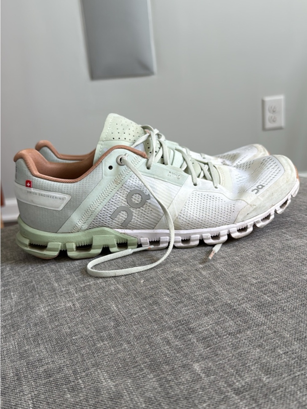 On Running Women's Running Shoe in Mint, Peach and White